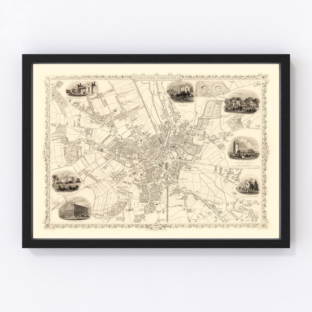 Vintage Map of Bradford & Yorkshire, United Kingdom 1851