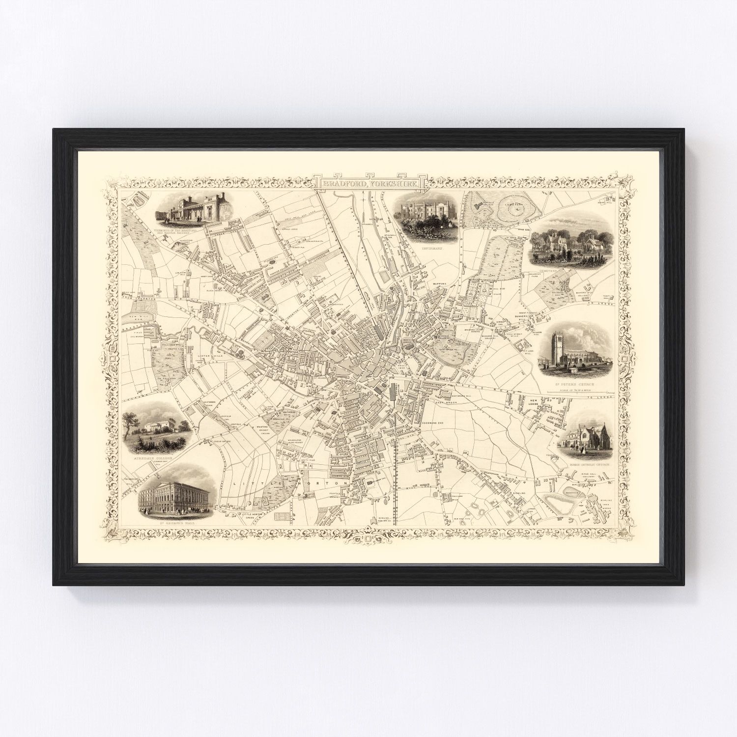 Vintage Map of Bradford & Yorkshire, United Kingdom 1851