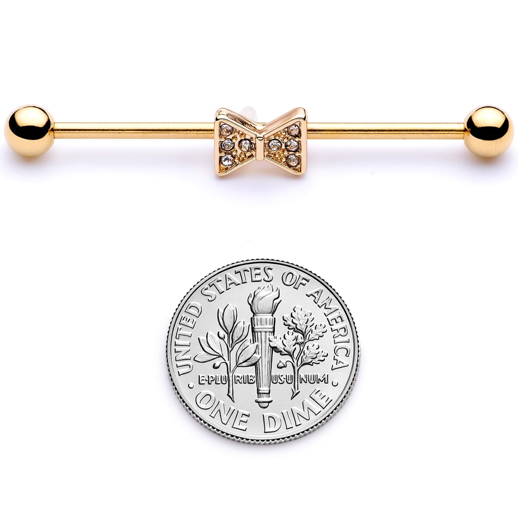 14G Clear Gem Gold Tone Bow Tie Industrial Barbell 38mm
