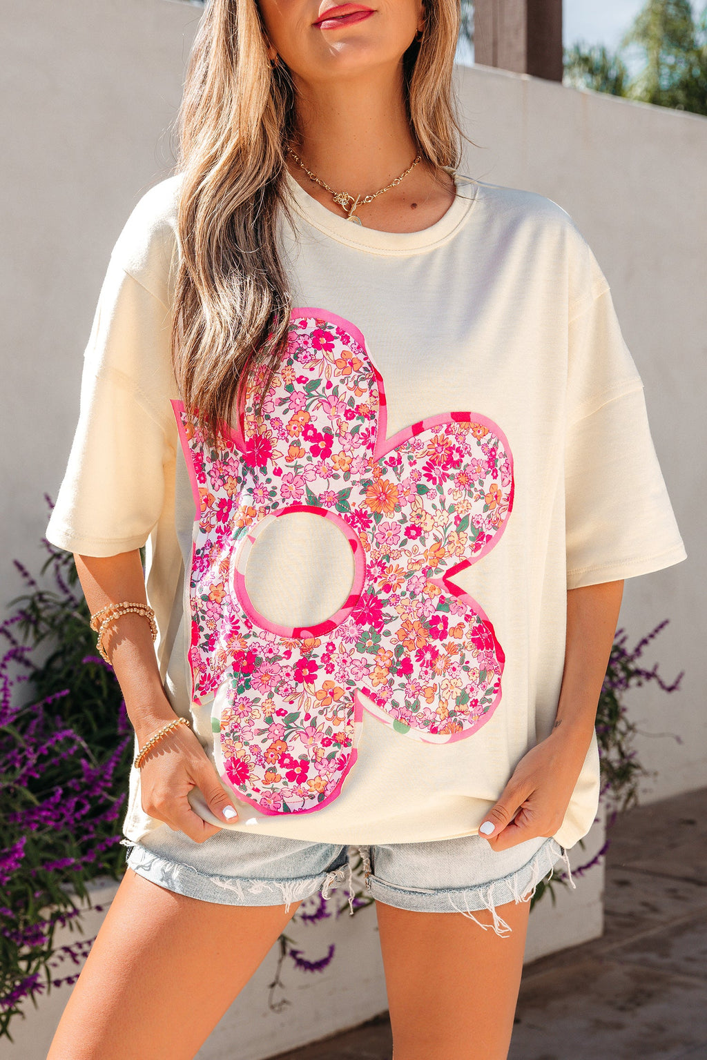 Floral Patchwork Raw Seam Oversize Tee