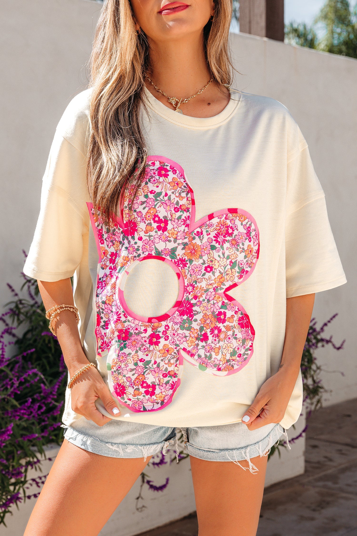 Floral Patchwork Raw Seam Oversize Tee