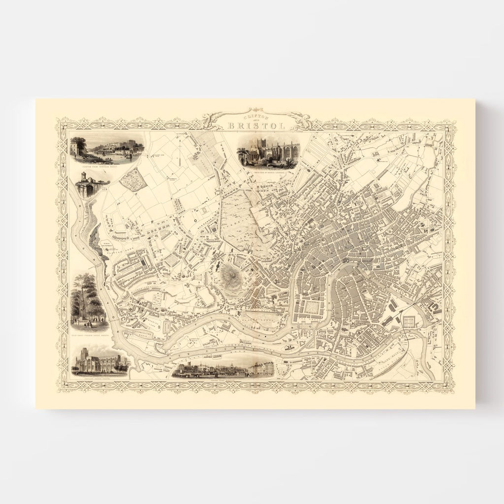 Vintage Map of Bristol & Clifton, United Kingdom 1851