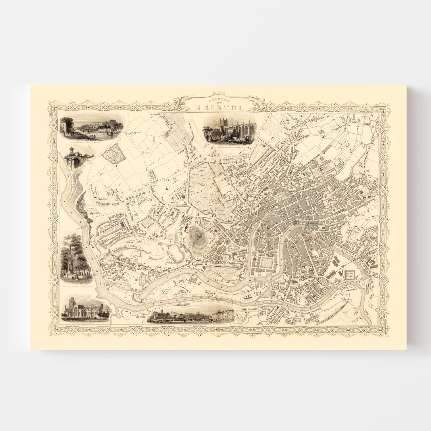 Vintage Map of Bristol & Clifton, United Kingdom 1851