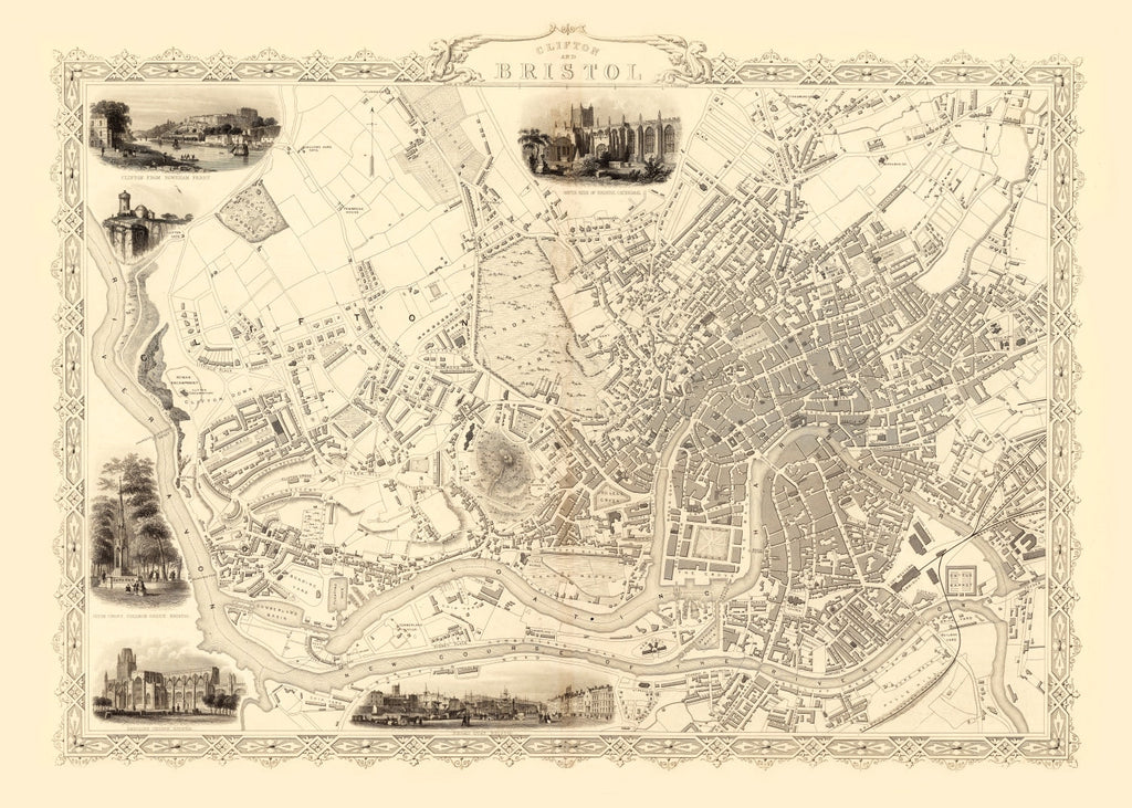 Vintage Map of Bristol & Clifton, United Kingdom 1851