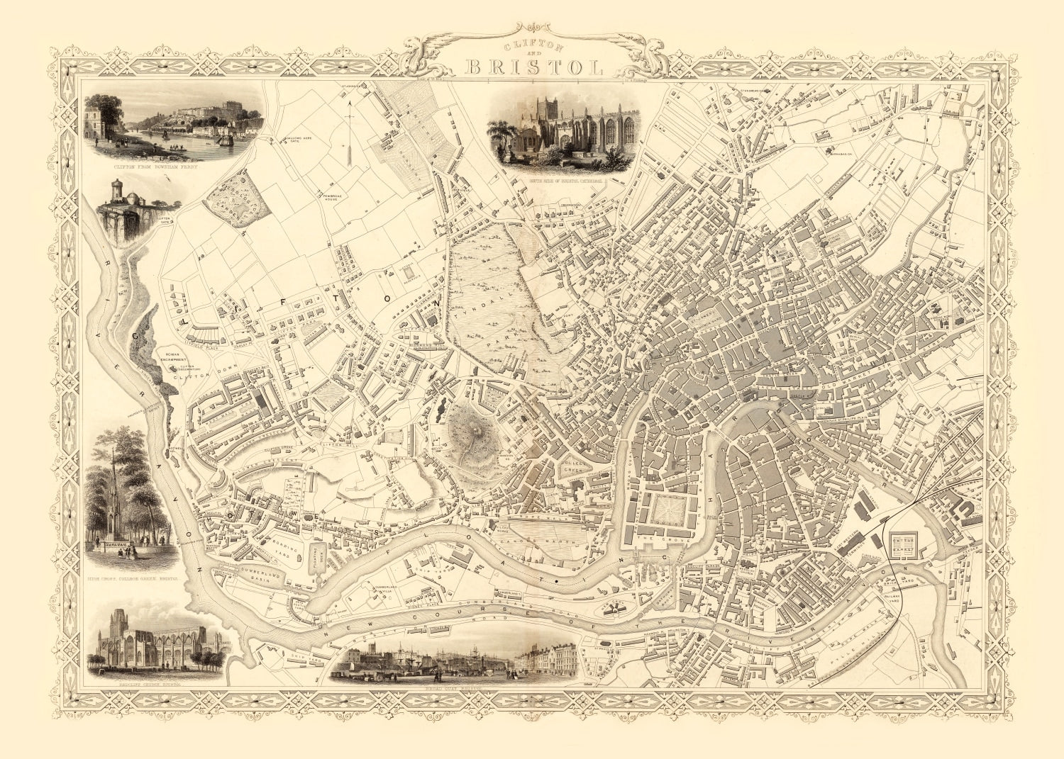 Vintage Map of Bristol & Clifton, United Kingdom 1851
