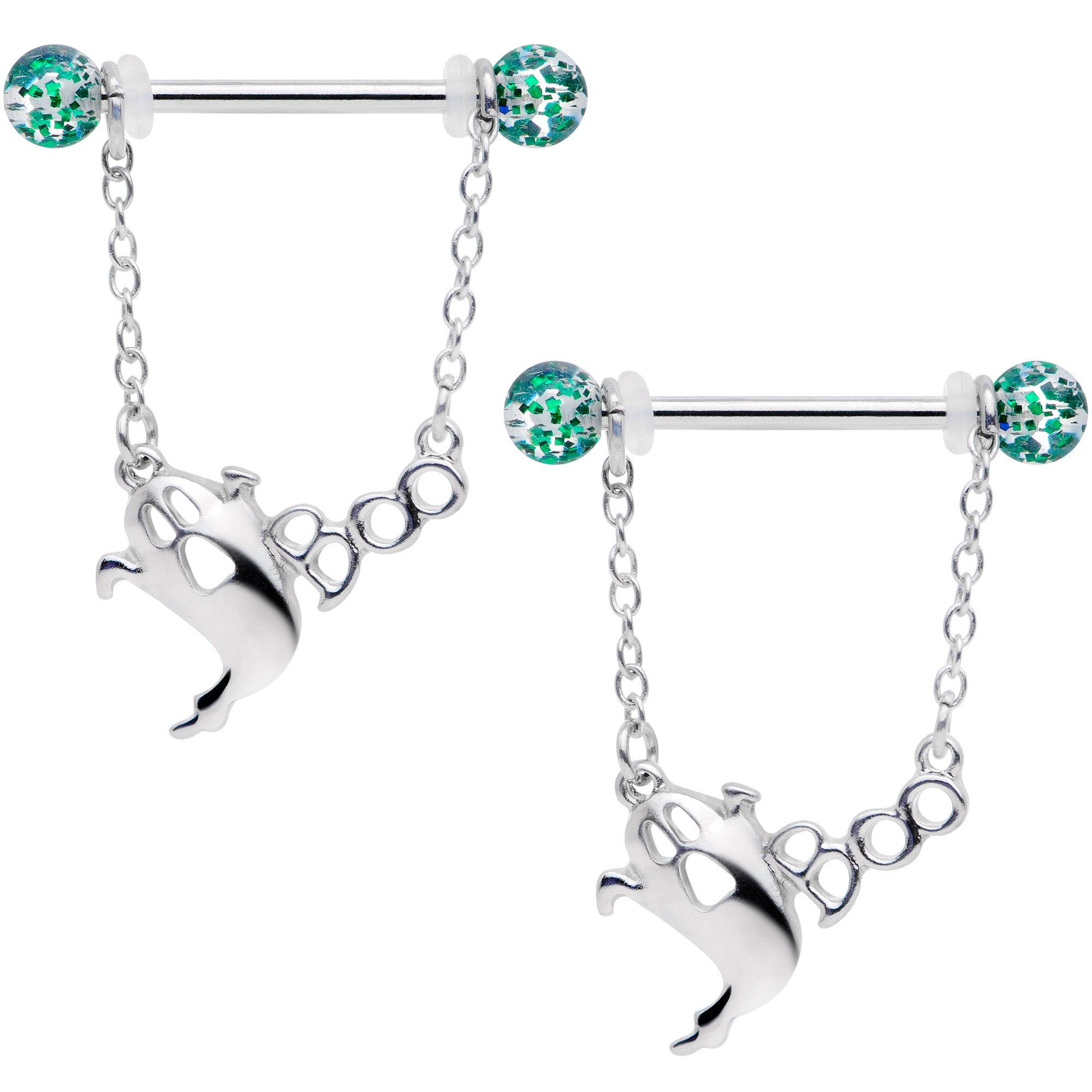 14G 5/8 UV Ball Boo Ghost Halloween Chain Dangle Nipple Ring Set