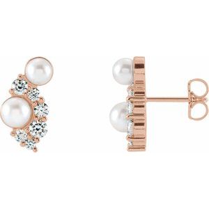 14K Rose Gold Cultured White Akoya Pearls & 1/2 CTW Natural Diamond Earrings