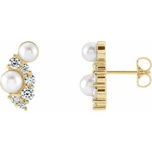 14K Yellow Gold Cultured White Akoya Pearls & 1/2 CTW Natural Diamond Earrings