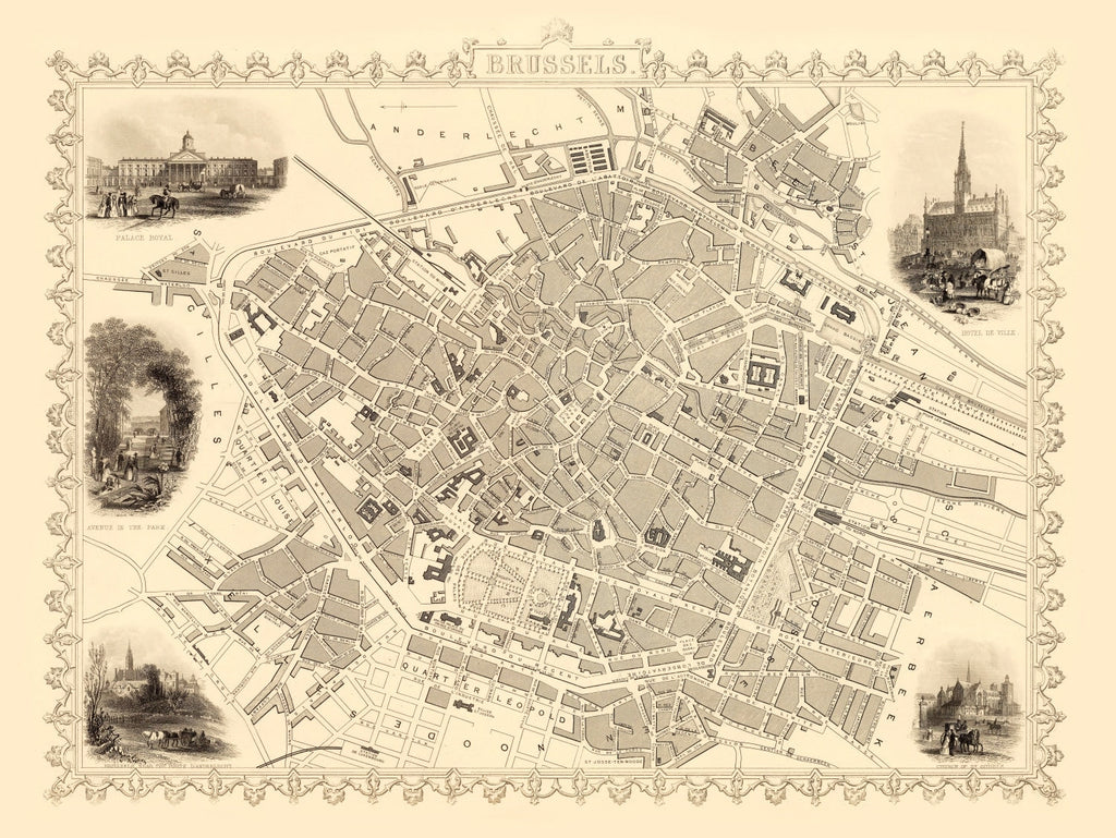 Vintage Map of Brussels, Belgium 1851