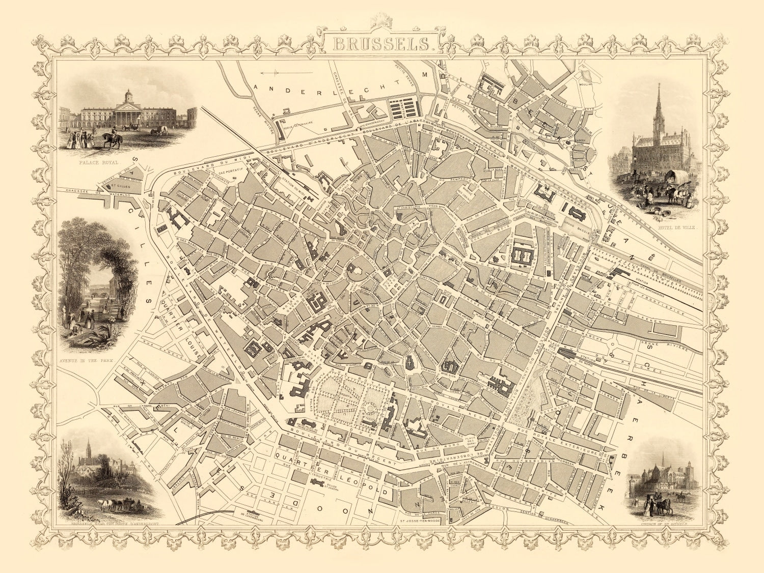 Vintage Map of Brussels, Belgium 1851