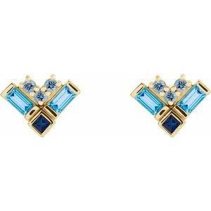 14K Yellow Gold Natural Blue Multi-Gemstone Cluster Earrings – image 2