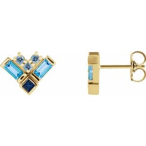 14K Yellow Gold Natural Blue Multi-Gemstone Cluster Earrings