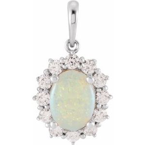 Sterling Silver Natural White Opal & 1/5 CTW Natural Diamond Halo-Style Pendant