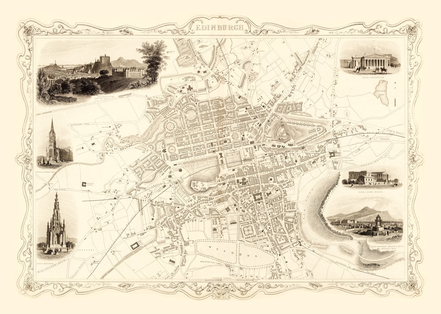 Vintage Map of Edinburgh, Scotland 1851