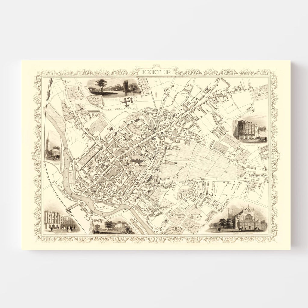 Vintage Map of Exeter, United Kingdom 1851
