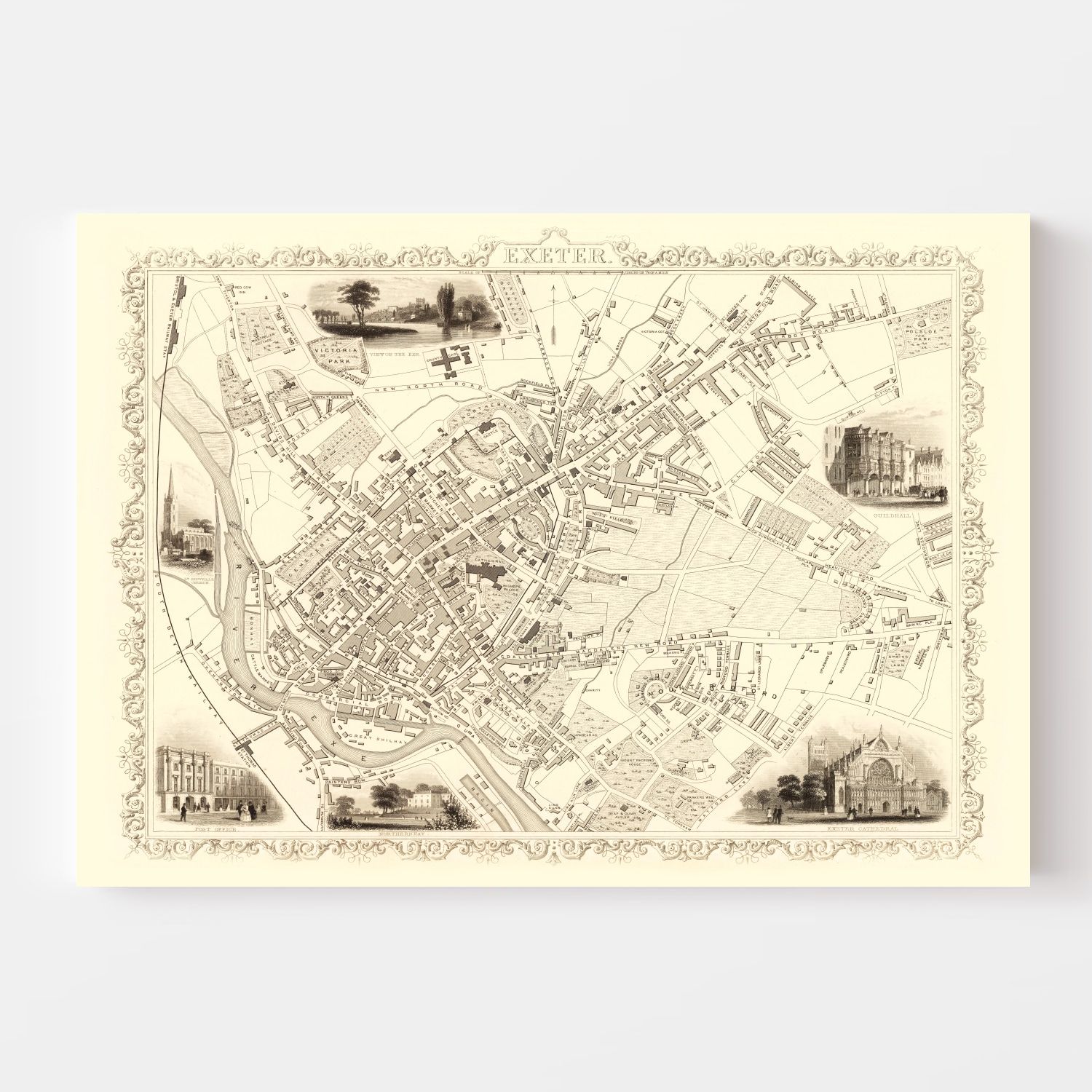 Vintage Map of Exeter, United Kingdom 1851