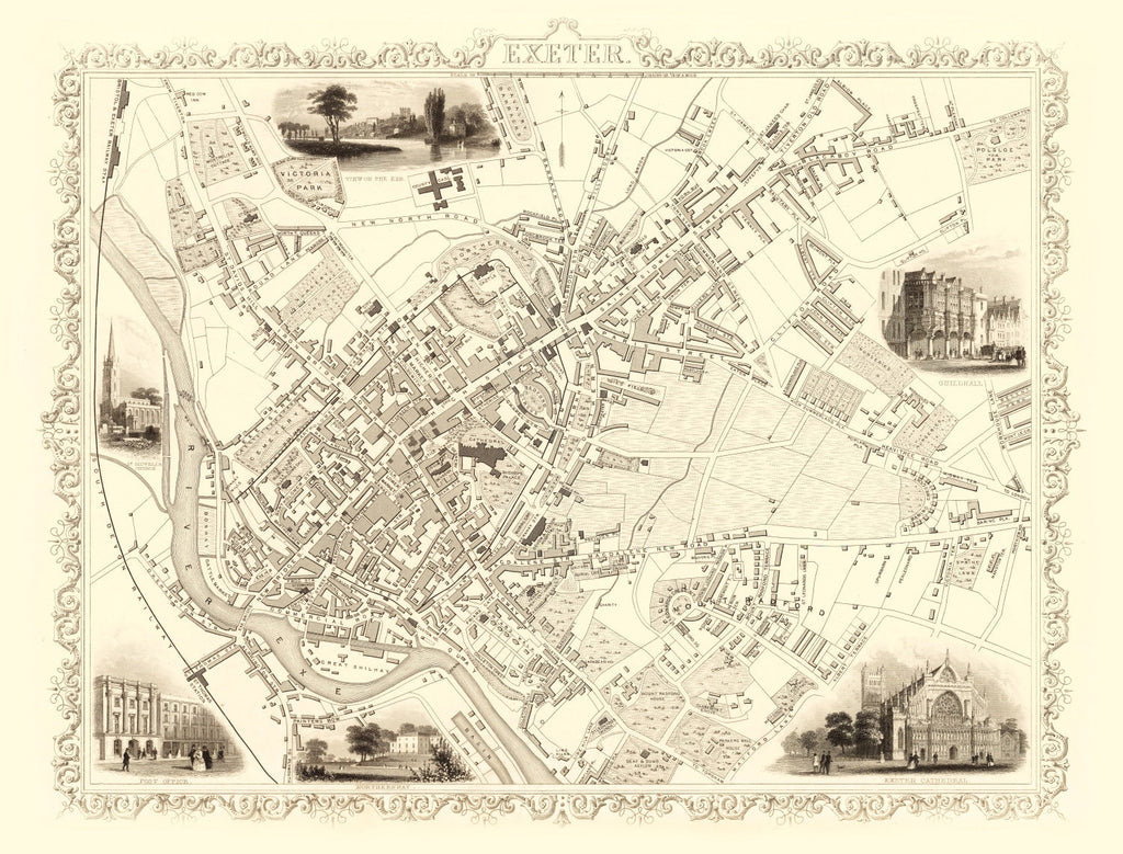 Vintage Map of Exeter, United Kingdom 1851