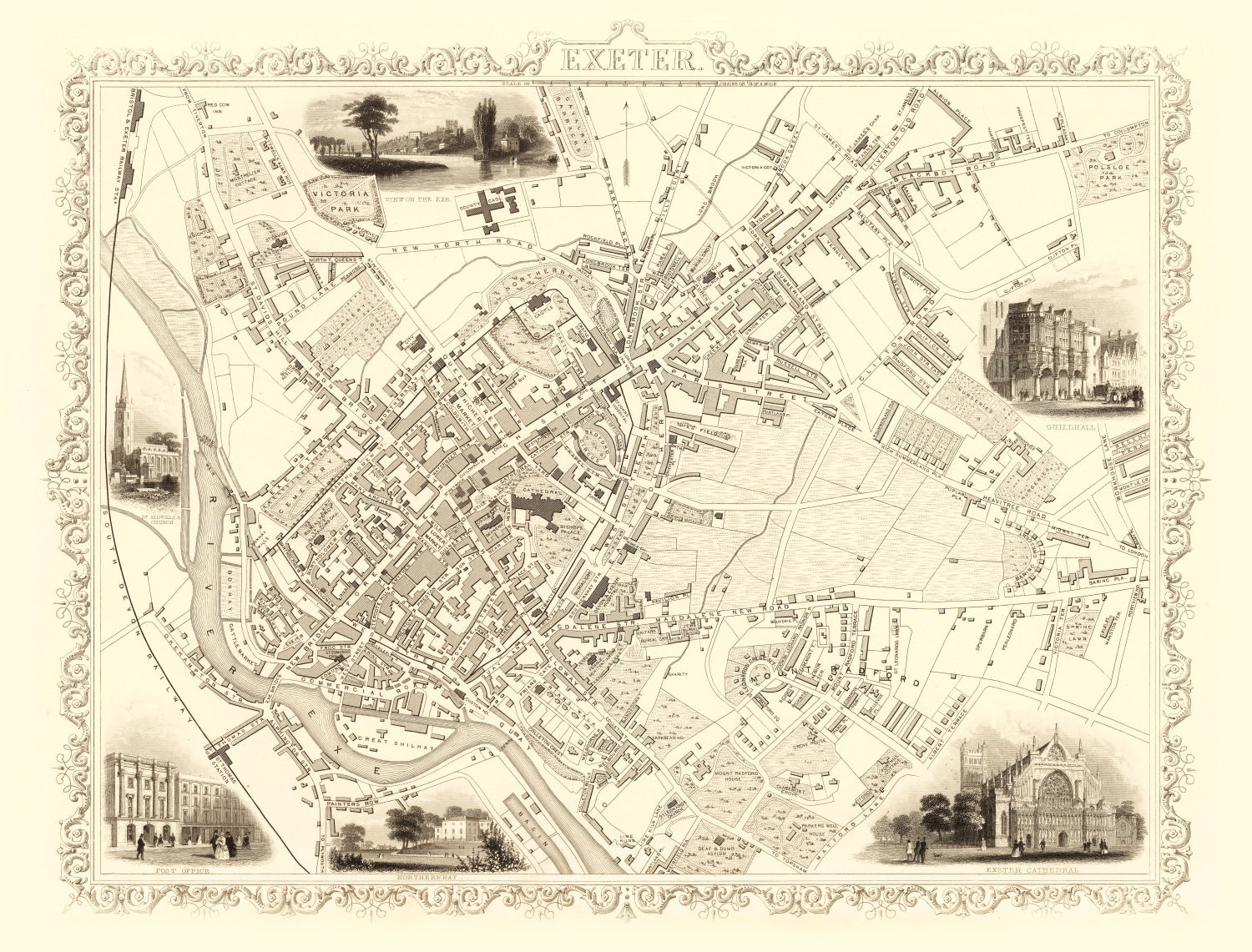 Vintage Map of Exeter, United Kingdom 1851