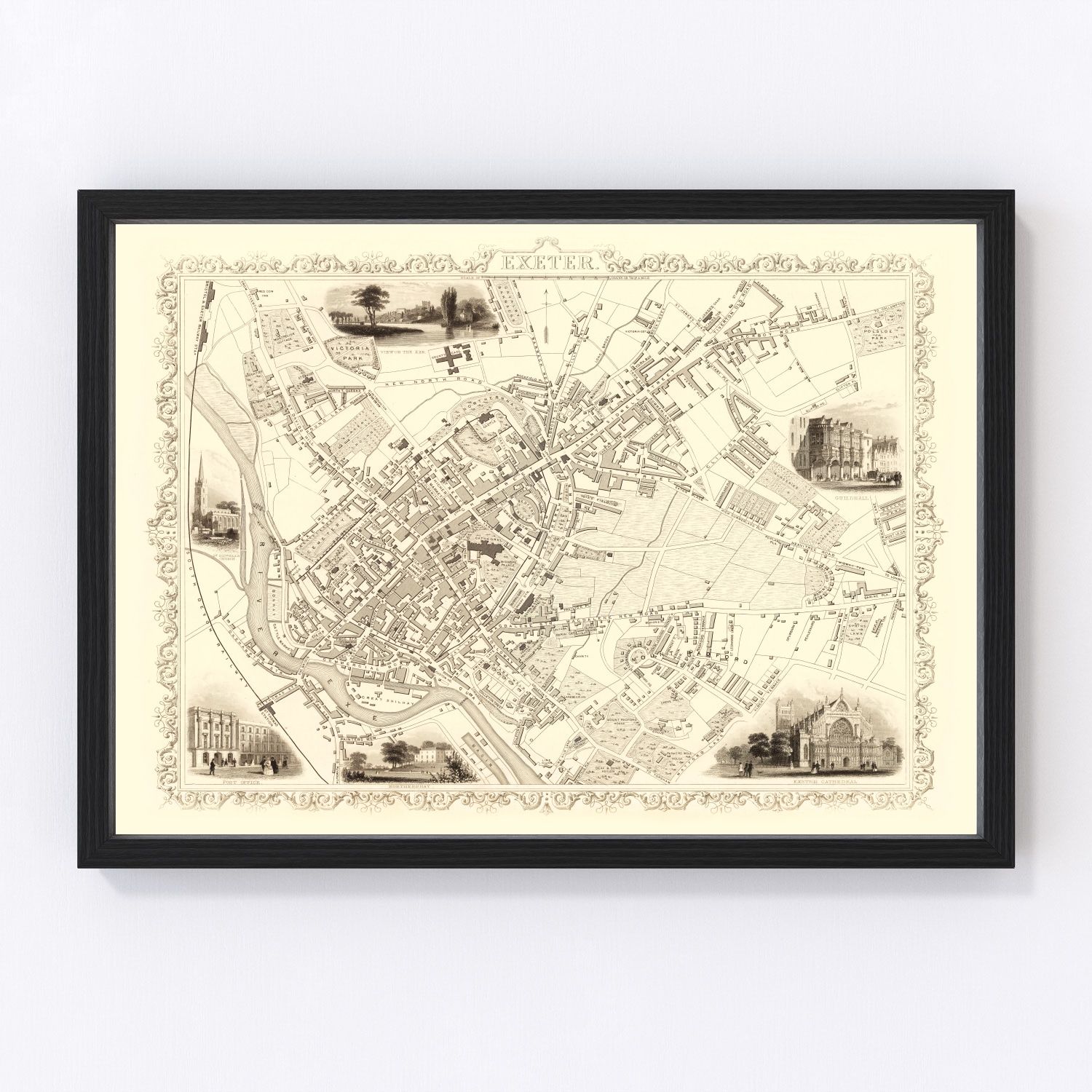 Vintage Map of Exeter, United Kingdom 1851