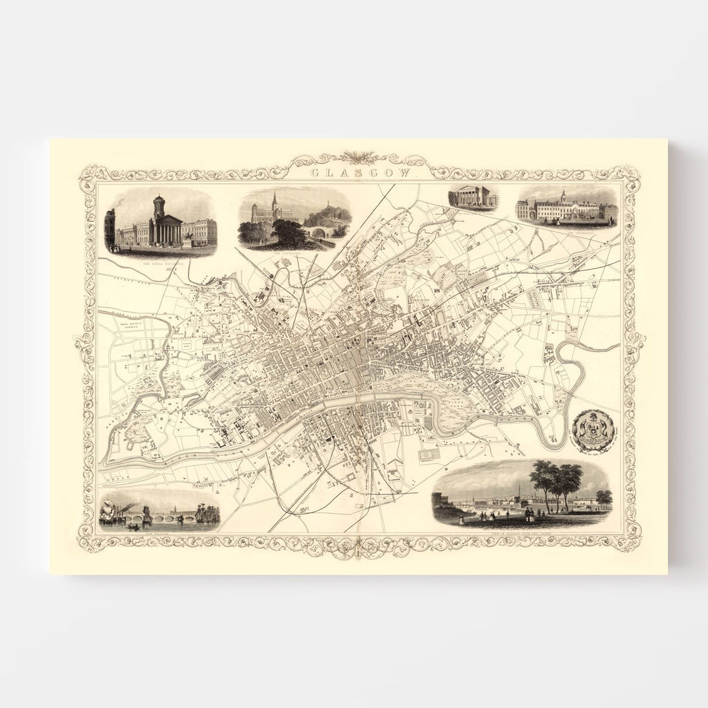 Vintage Map of Glasgow, Scotland 1851