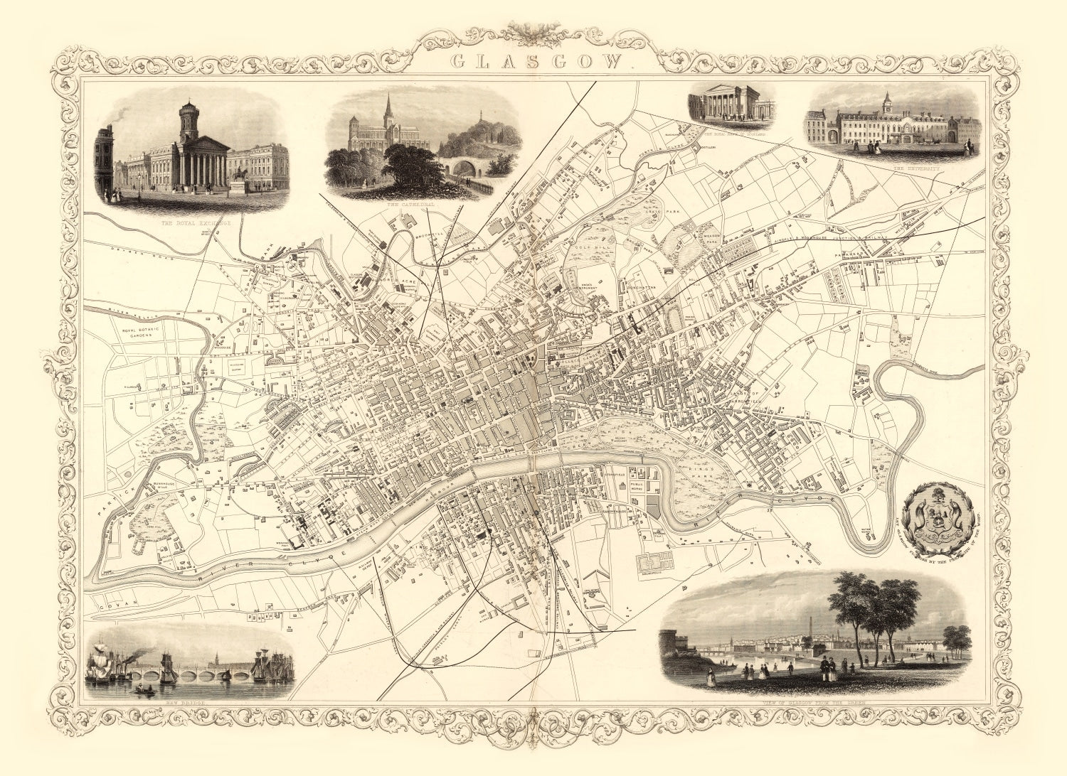 Vintage Map of Glasgow, Scotland 1851