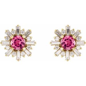 14K Yellow Gold Natural Pink Tourmaline & 3/4 CTW Natural Diamond Earrings