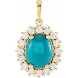 14K Yellow Gold Natural Turquoise & 1/5 CTW Natural Diamond Halo-Style Pendant
