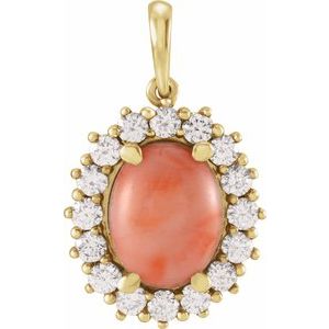 14K Yellow Gold Natural Pink Coral & 1/5 CTW Natural Diamond Halo-Style Pendant