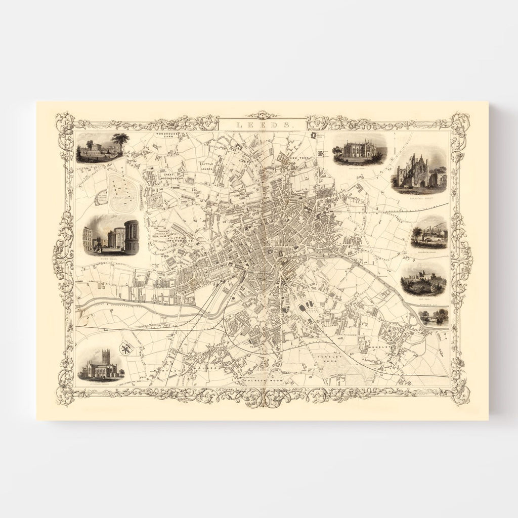 Vintage Map of Leeds, United Kingdom 1851