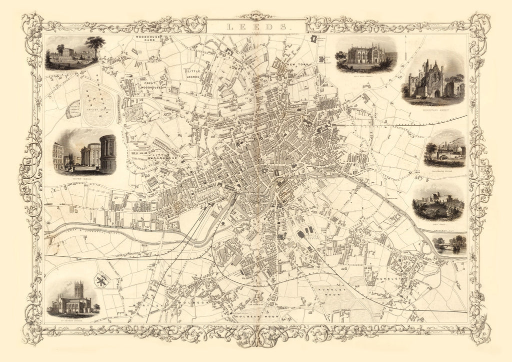 Vintage Map of Leeds, United Kingdom 1851