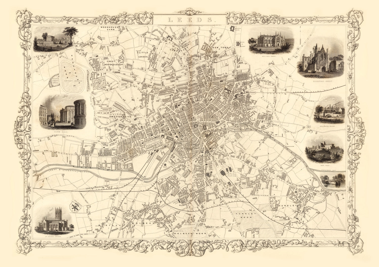 Vintage Map of Leeds, United Kingdom 1851