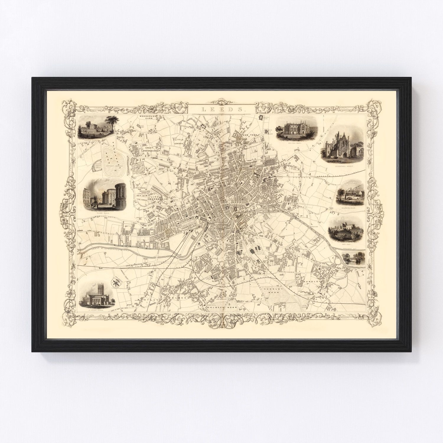 Vintage Map of Leeds, United Kingdom 1851