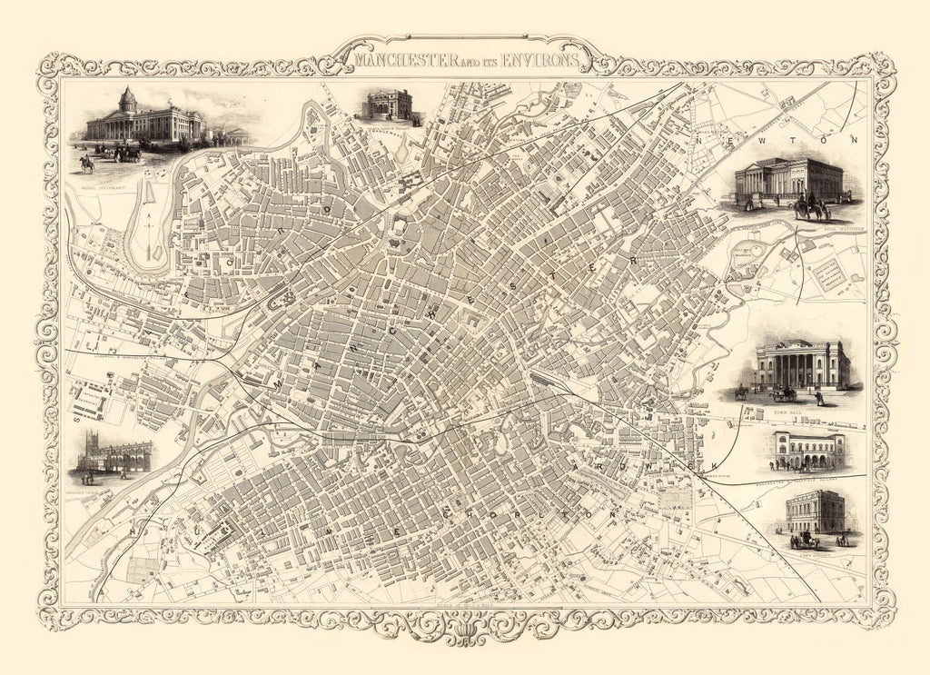Vintage Map of Manchester, United Kingdom 1851