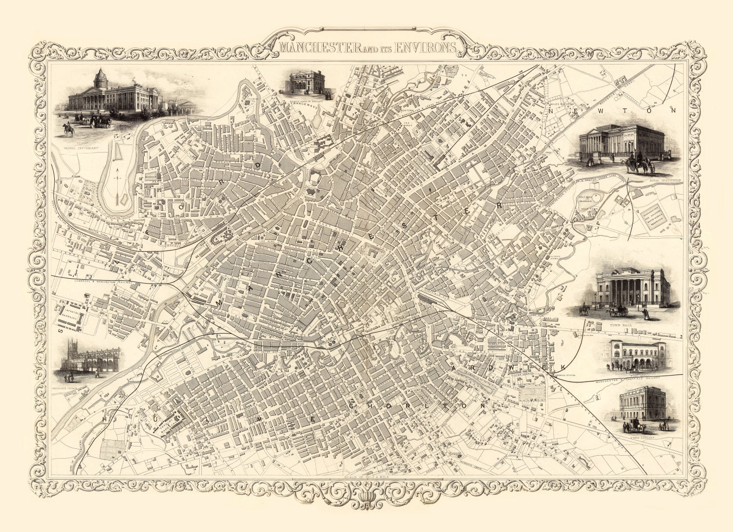 Vintage Map of Manchester, United Kingdom 1851