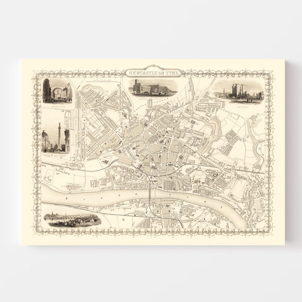 Vintage Map of Newcastle on Tyne, United Kingdom 1851