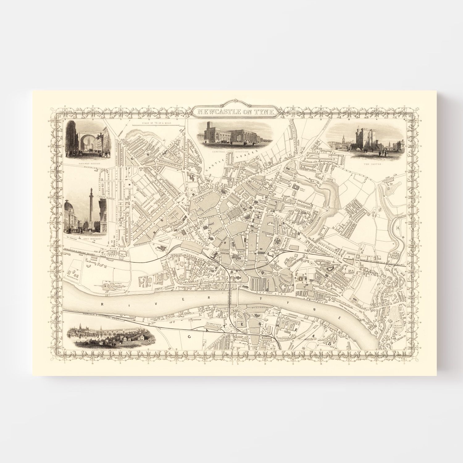 Vintage Map of Newcastle on Tyne, United Kingdom 1851