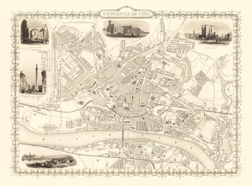 Vintage Map of Newcastle on Tyne, United Kingdom 1851