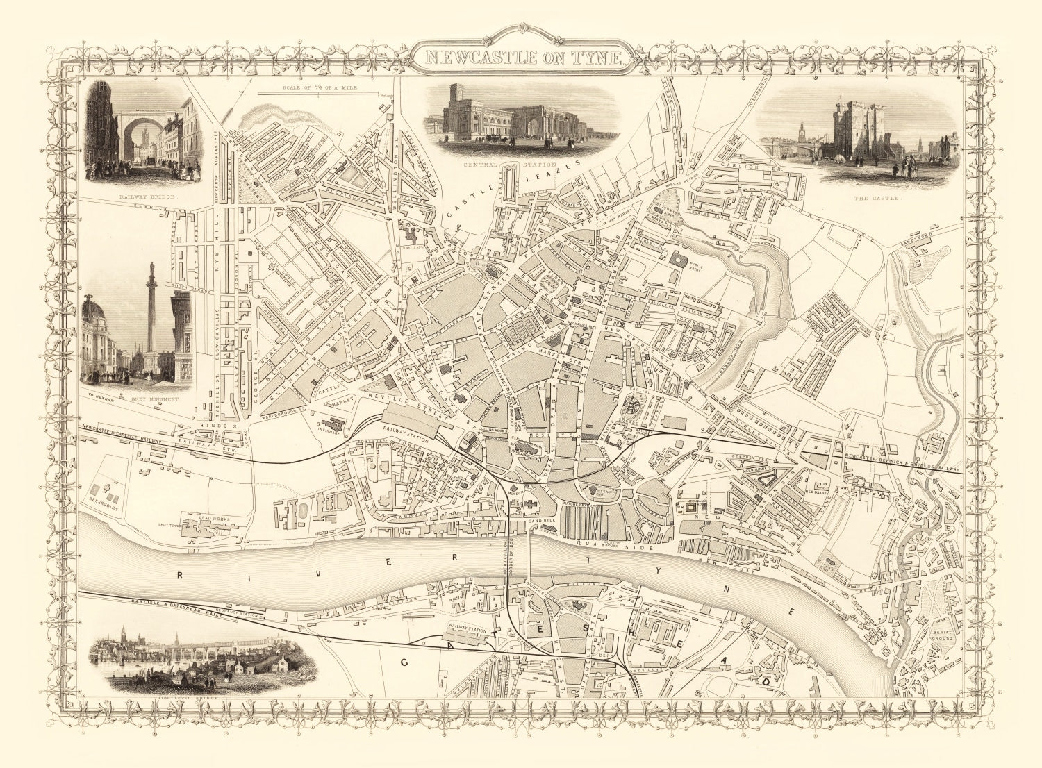 Vintage Map of Newcastle on Tyne, United Kingdom 1851