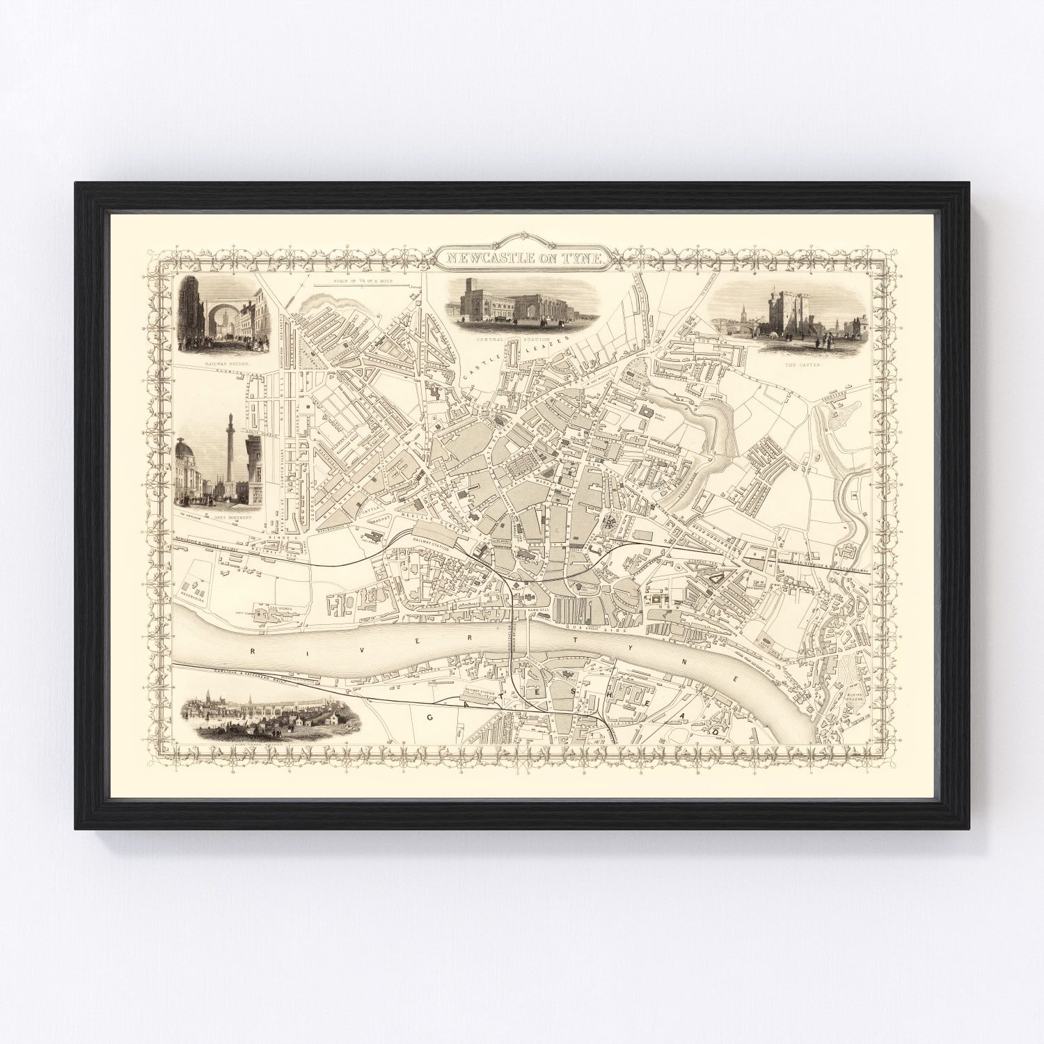 Vintage Map of Newcastle on Tyne, United Kingdom 1851