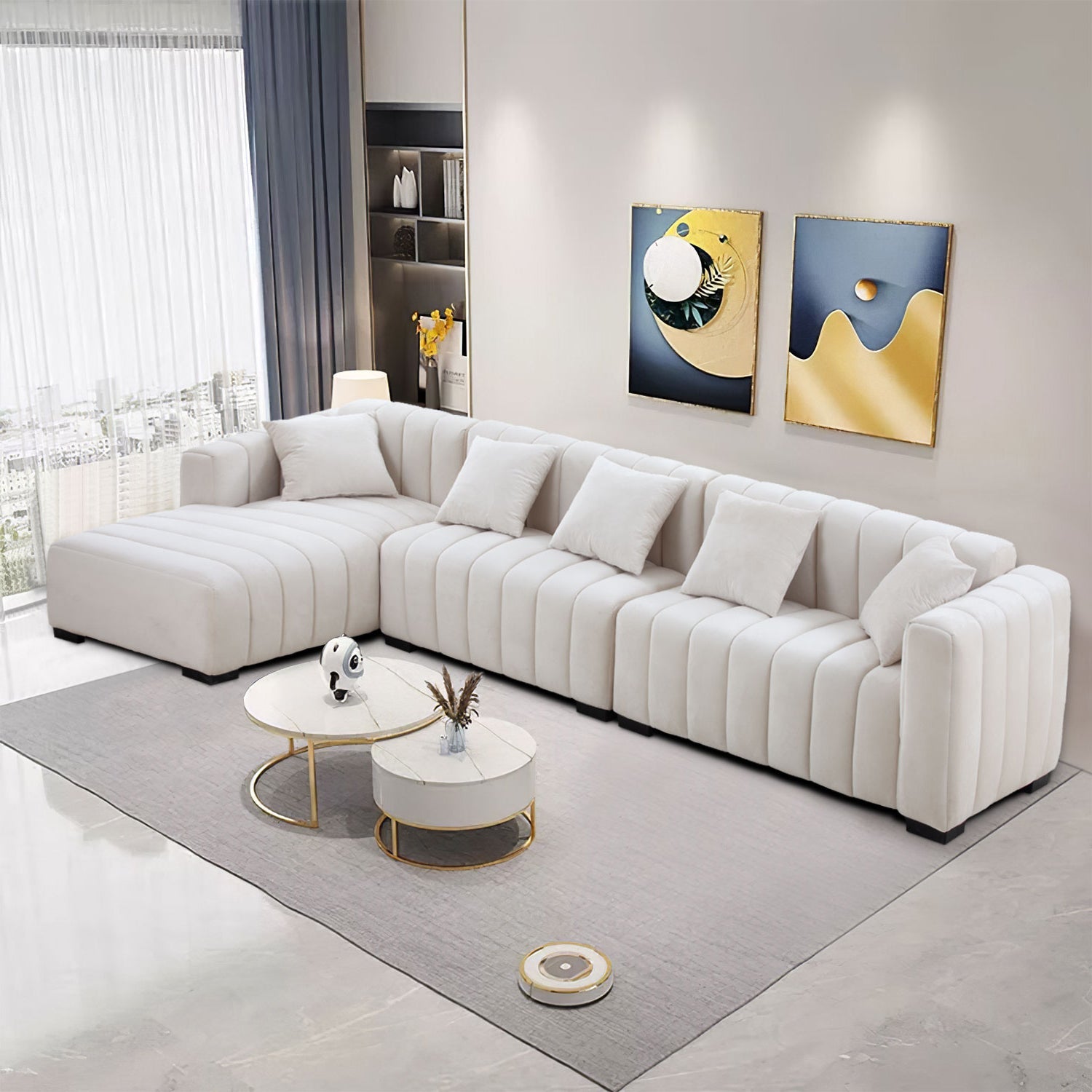 139'' Channel Tufted Sofa Velvet Upholstered Left Chaise Modular Sofa  beige