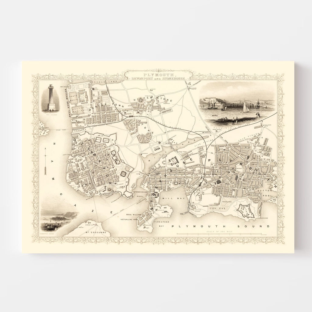 Vintage Map of Plymouth, United Kingdom 1851