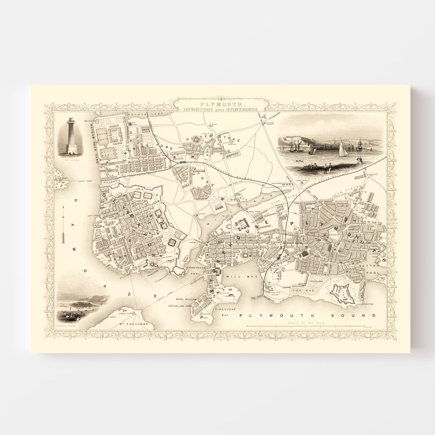 Vintage Map of Plymouth, United Kingdom 1851