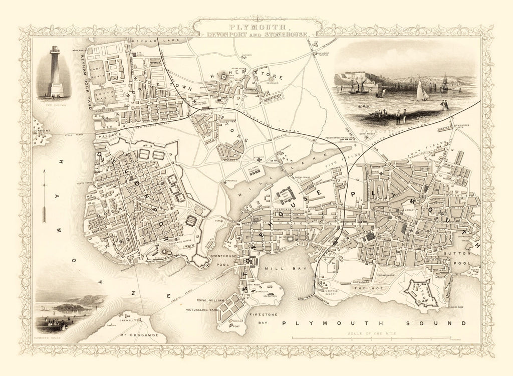 Vintage Map of Plymouth, United Kingdom 1851