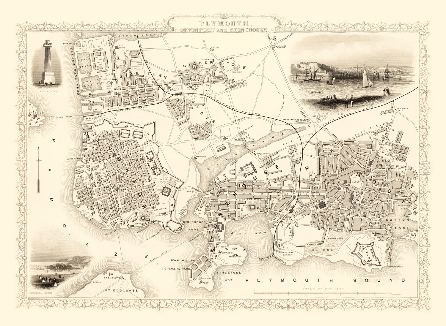 Vintage Map of Plymouth, United Kingdom 1851