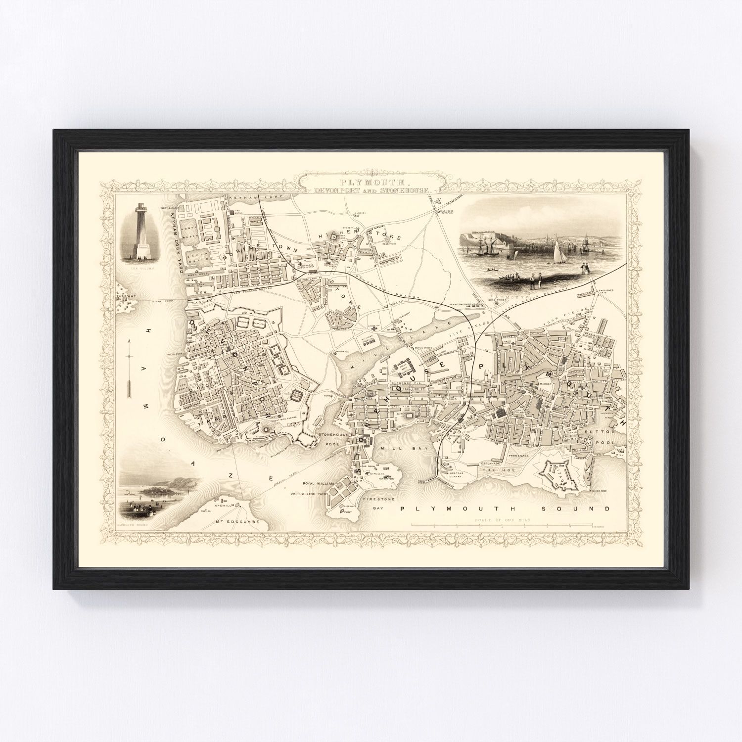 Vintage Map of Plymouth, United Kingdom 1851