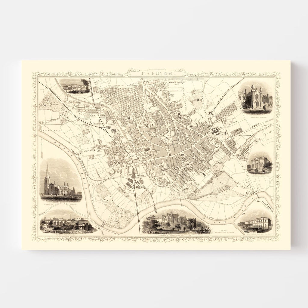 Vintage Map of Preston, United Kingdom 1851