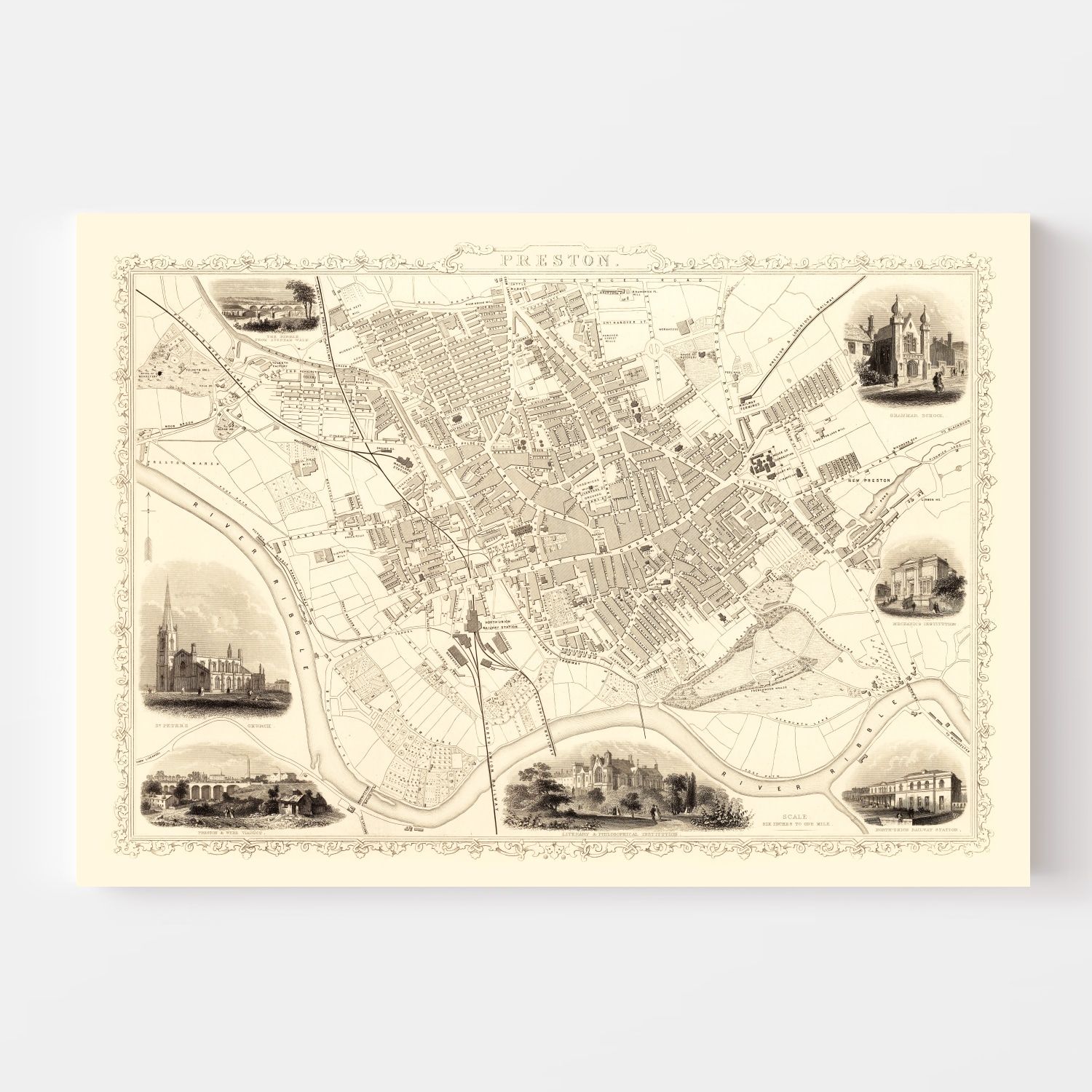 Vintage Map of Preston, United Kingdom 1851