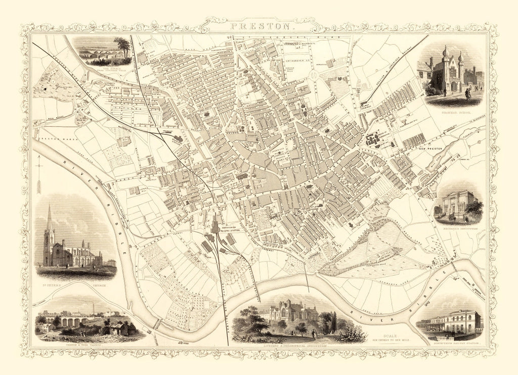 Vintage Map of Preston, United Kingdom 1851