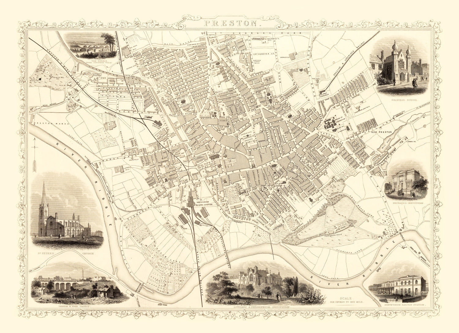 Vintage Map of Preston, United Kingdom 1851