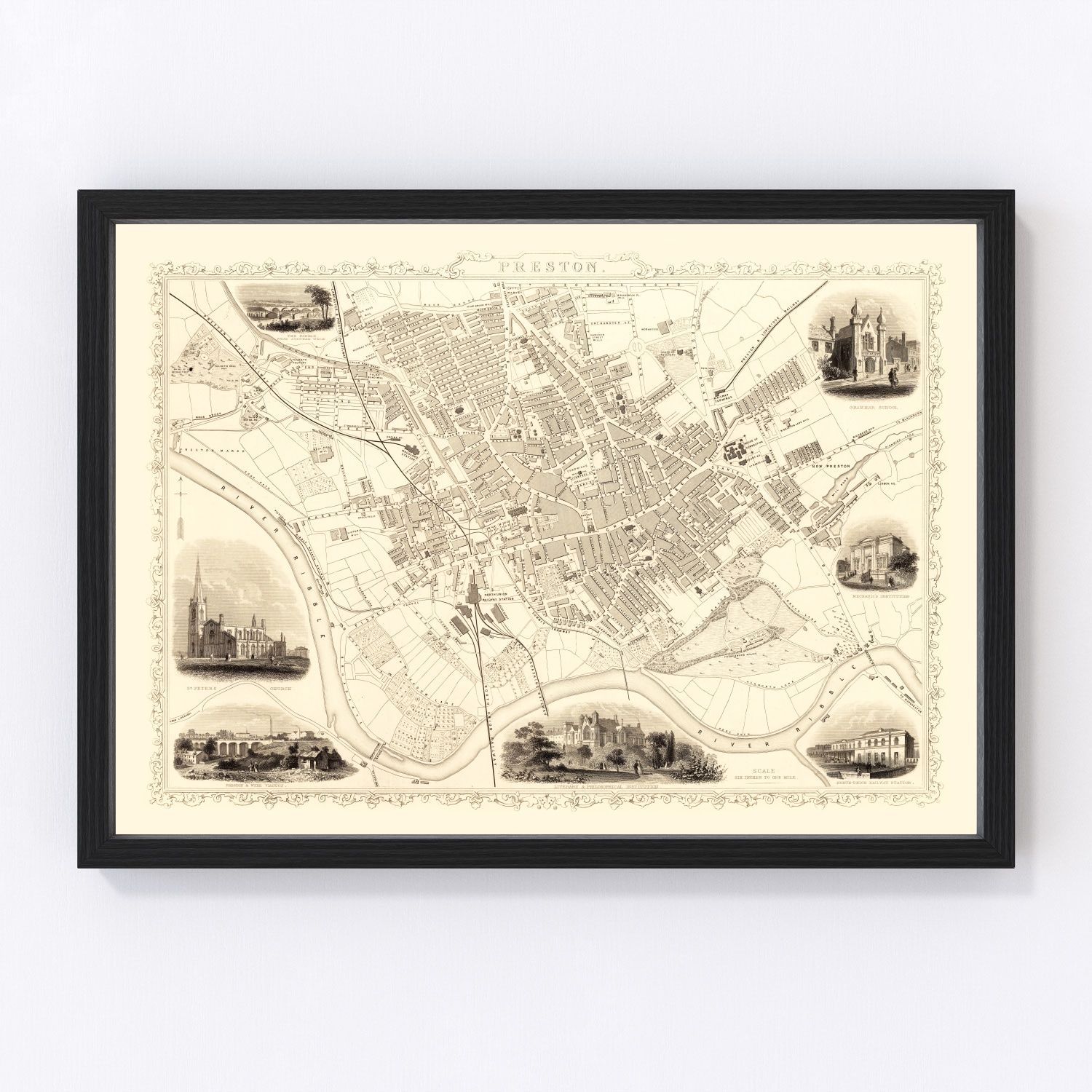 Vintage Map of Preston, United Kingdom 1851